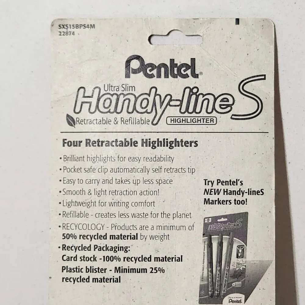 NEW Pentel Recycled Handy-Lines Slim Retractable Highlighters Pens 4 Pac…